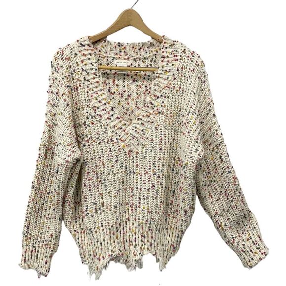 Main‎ Strip Women Pullover Raw Hem Cuffs Sweater Sm Cream Confetti V-Neck - Picture 1 of 6